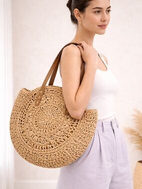 Woven Round Straw Tote Bag with Brown Leather Straps